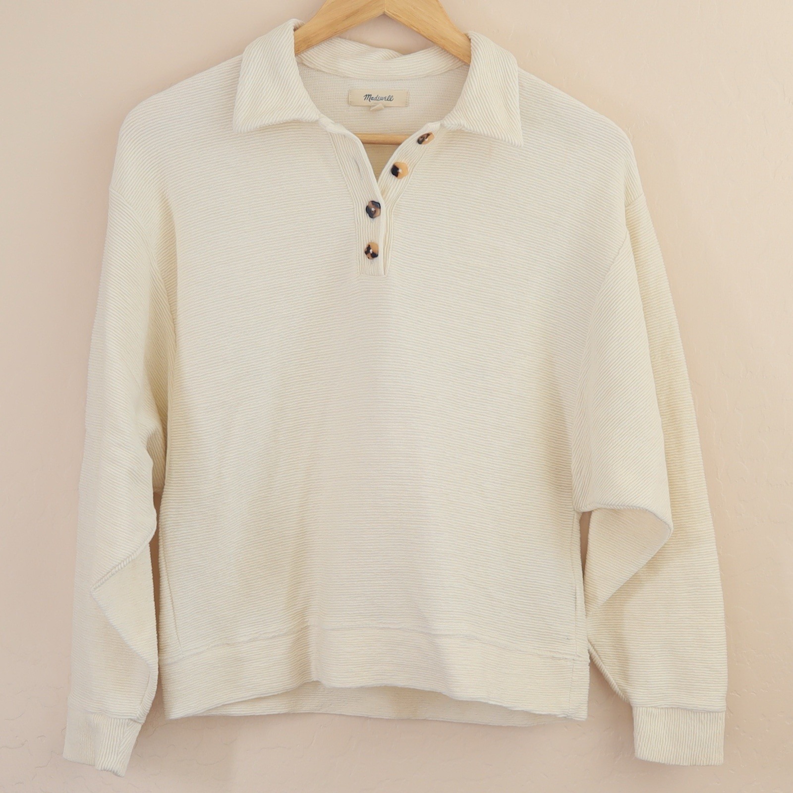 Madewell Top Cream Ottoman Jacquard Polo Organic Cotton Xs Nc618